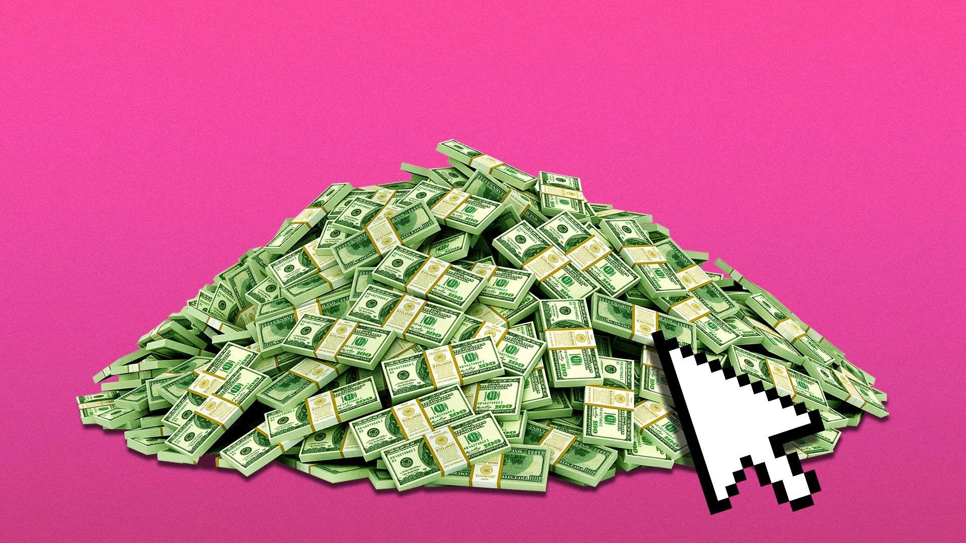 An image of a cursor hovering over a large pile of money, on a pink background.