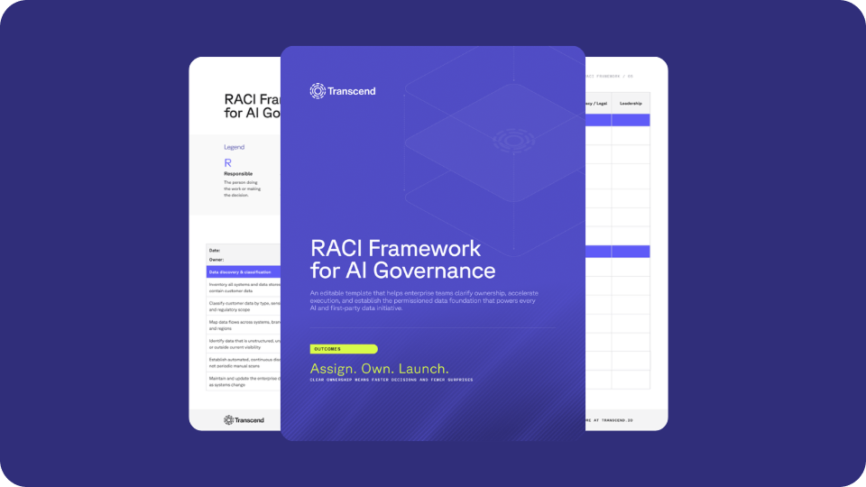 Three documents from Transcend detailing a RACI Framework for AI Governance, including a cover page, legend, and matrix.