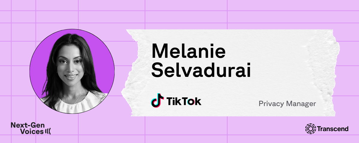 Profile of Melanie Selvadurai with her name, attributing her tiktok’s privacy manager with logo below next-gen voices by transcend with logo