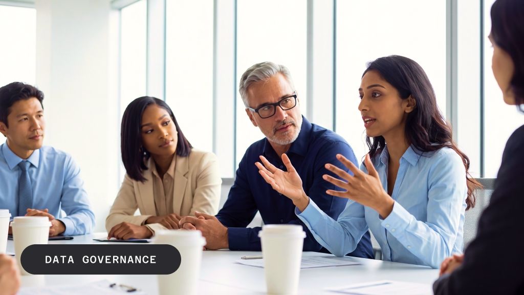 A diverse group of professionals in a meeting, with a woman speaking. Text overlay: DATA GOVERNANCE.