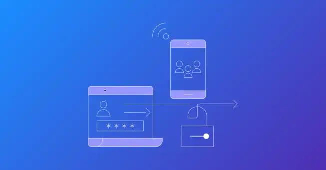 Simple smart phone design above lock and web view picturing user data flows on blue background