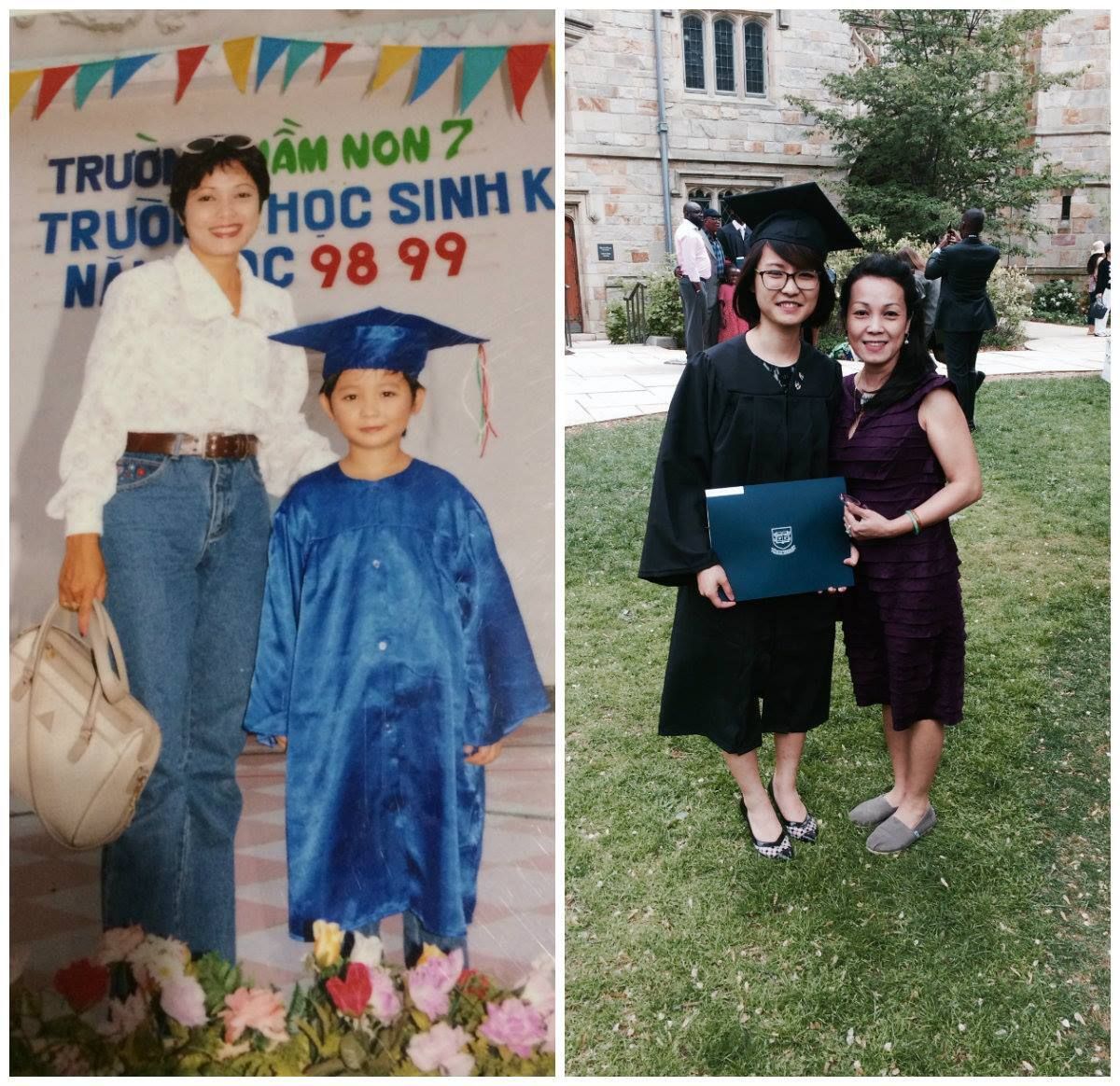 Two photos of Minh Nguyen with her mother, the one on the left is her grade school graduation and the one on the right is her college graduation
