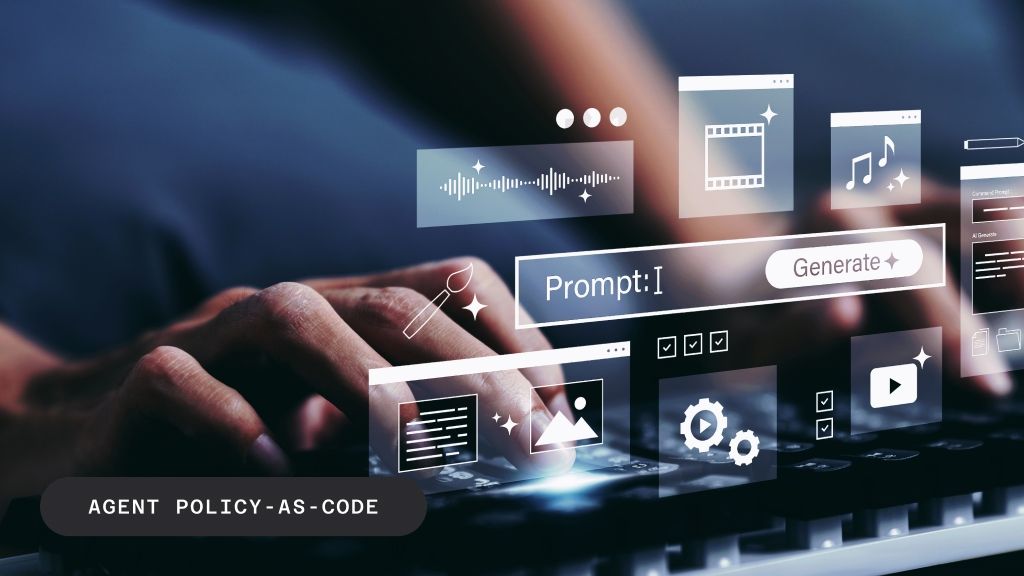 Hands typing on a keyboard interacting with a holographic AI generation interface, showing a prompt field, generate button, and various media icons, with 'AGENT POLICY-AS-CODE' text overlay.