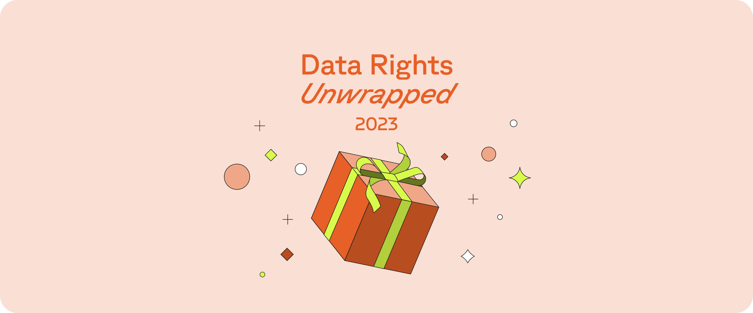 Wrapped present with text reading Data Rights Unwrapped 2023 on light pink background