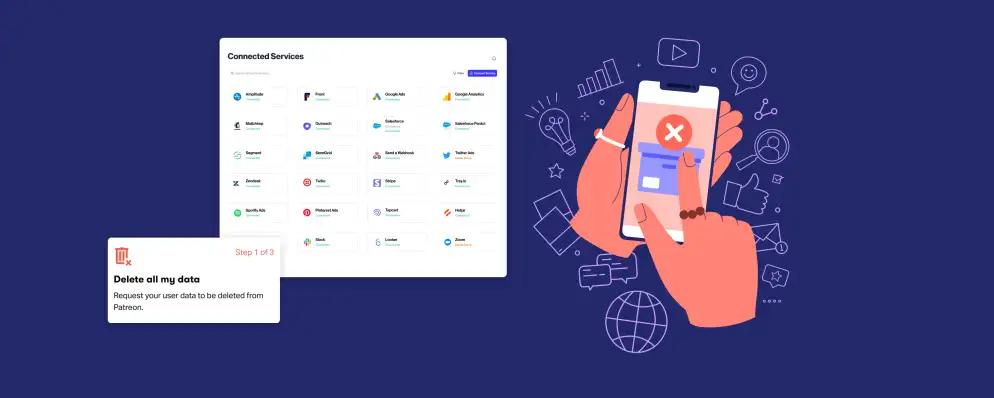 Graphic showing hands using smart phone next to screenshot of software connected services and delete all my data