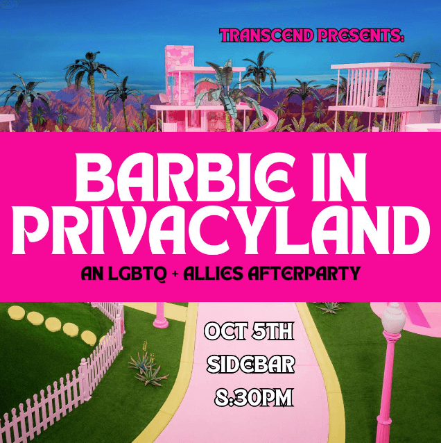 Barbie themed event graphic promoting an LGBTQ afterparty event reading barbie in privacyland with pink and black elements