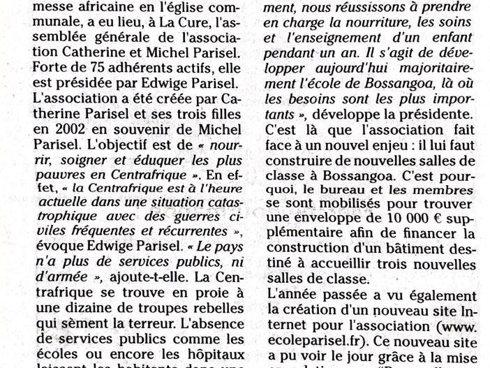 Article du Journal de la Haute-Marne : « Une association très active en Centrafrique ».