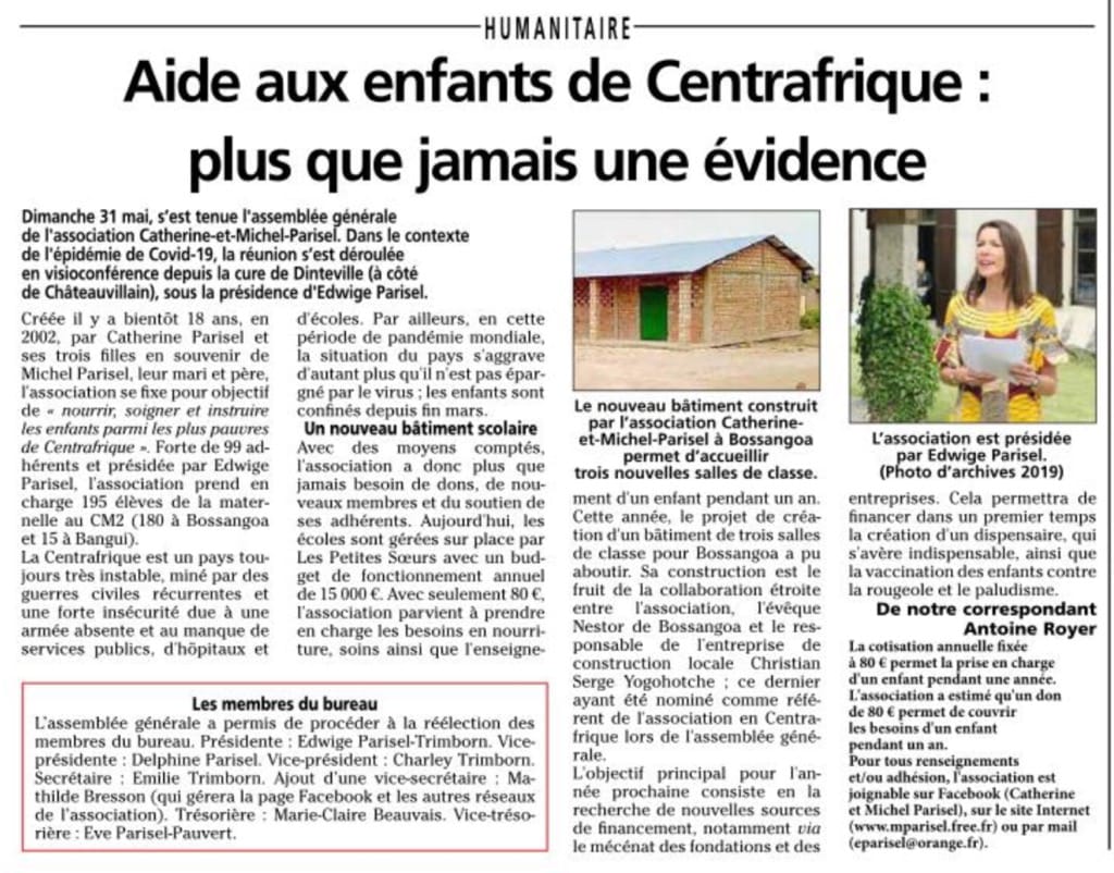 Article du Journal de la Haute-Marne : « Aide aux enfants de Centrafrique : plus que jamais une évidence ».
