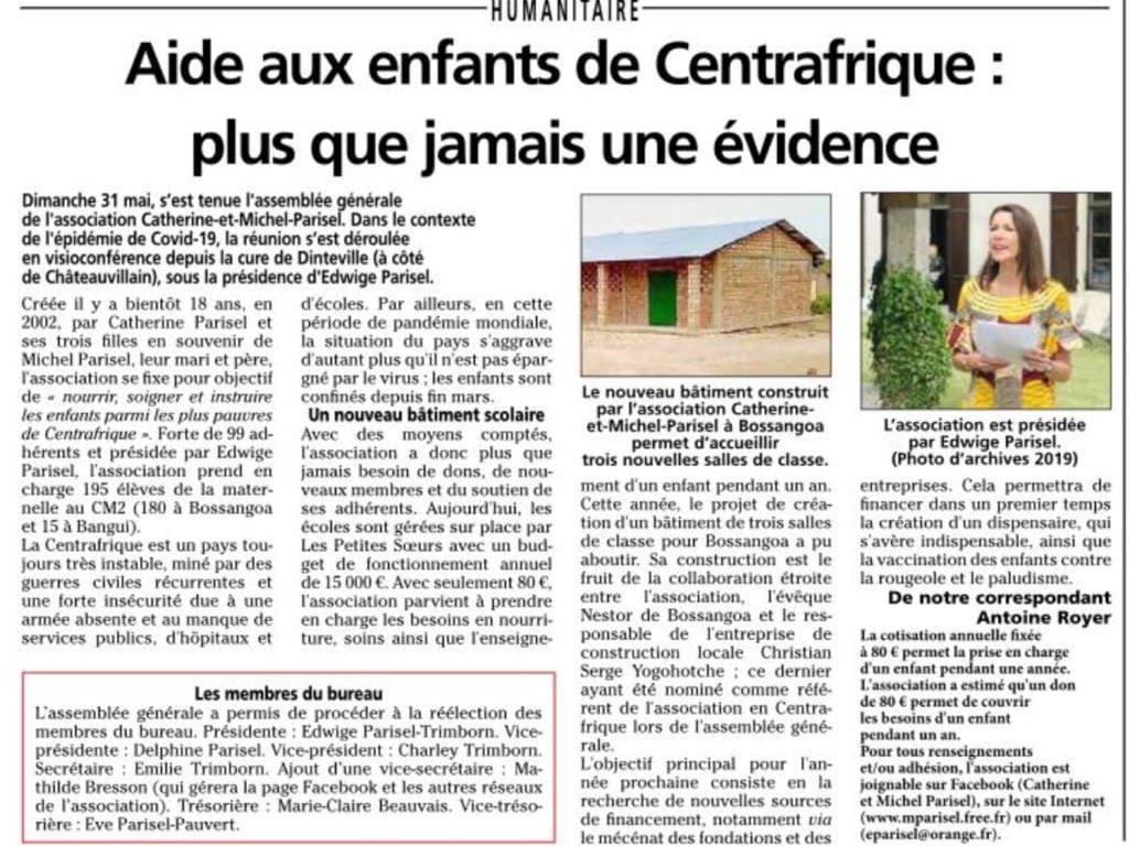 Article du Journal de la Haute-Marne : « Aide aux enfants de Centrafrique : plus que jamais une évidence ».