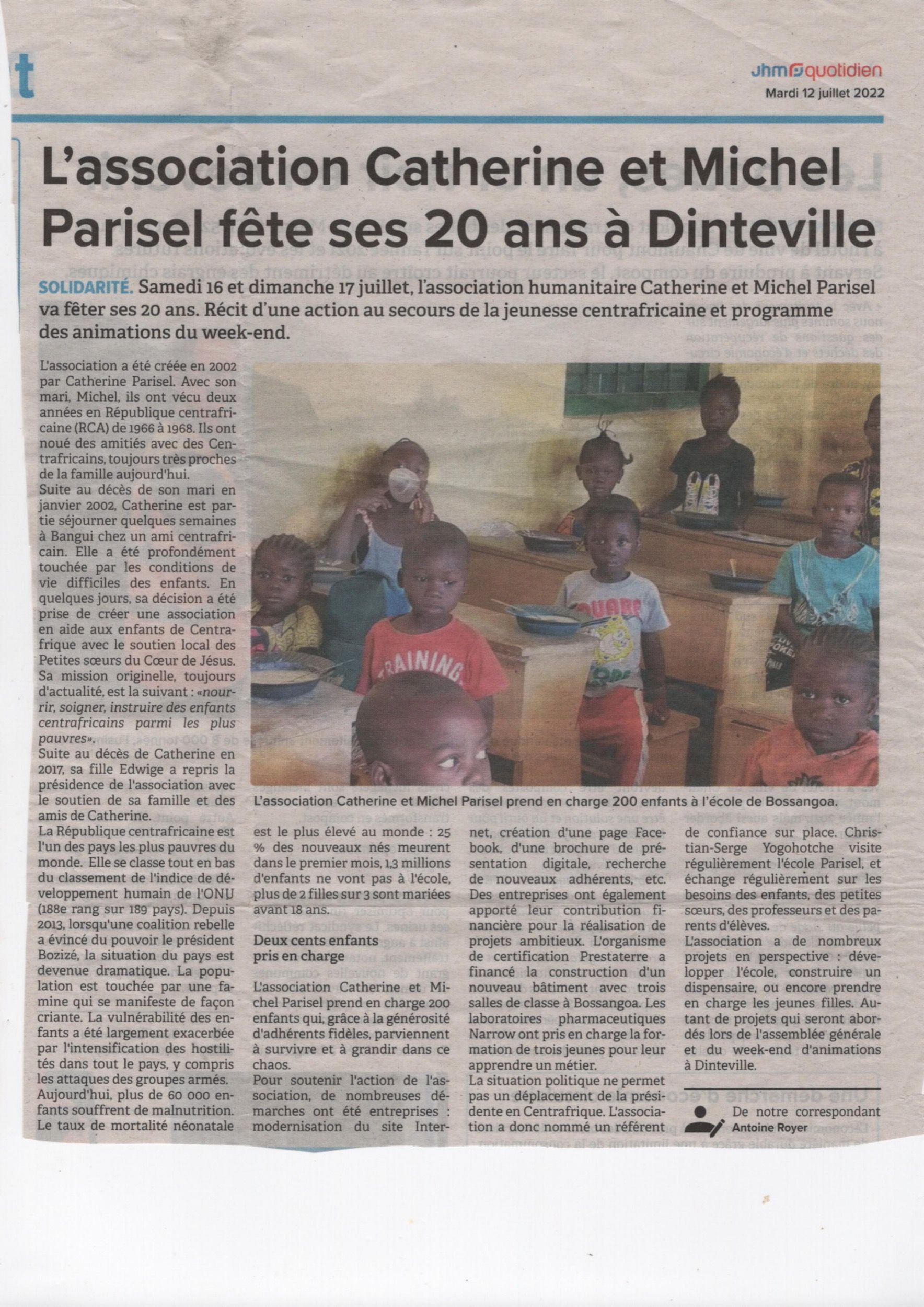 Article du Journal de la Haute-Marne : « L’association Catherine et Michel Parisel fête ses 20 ans à Dinteville ».