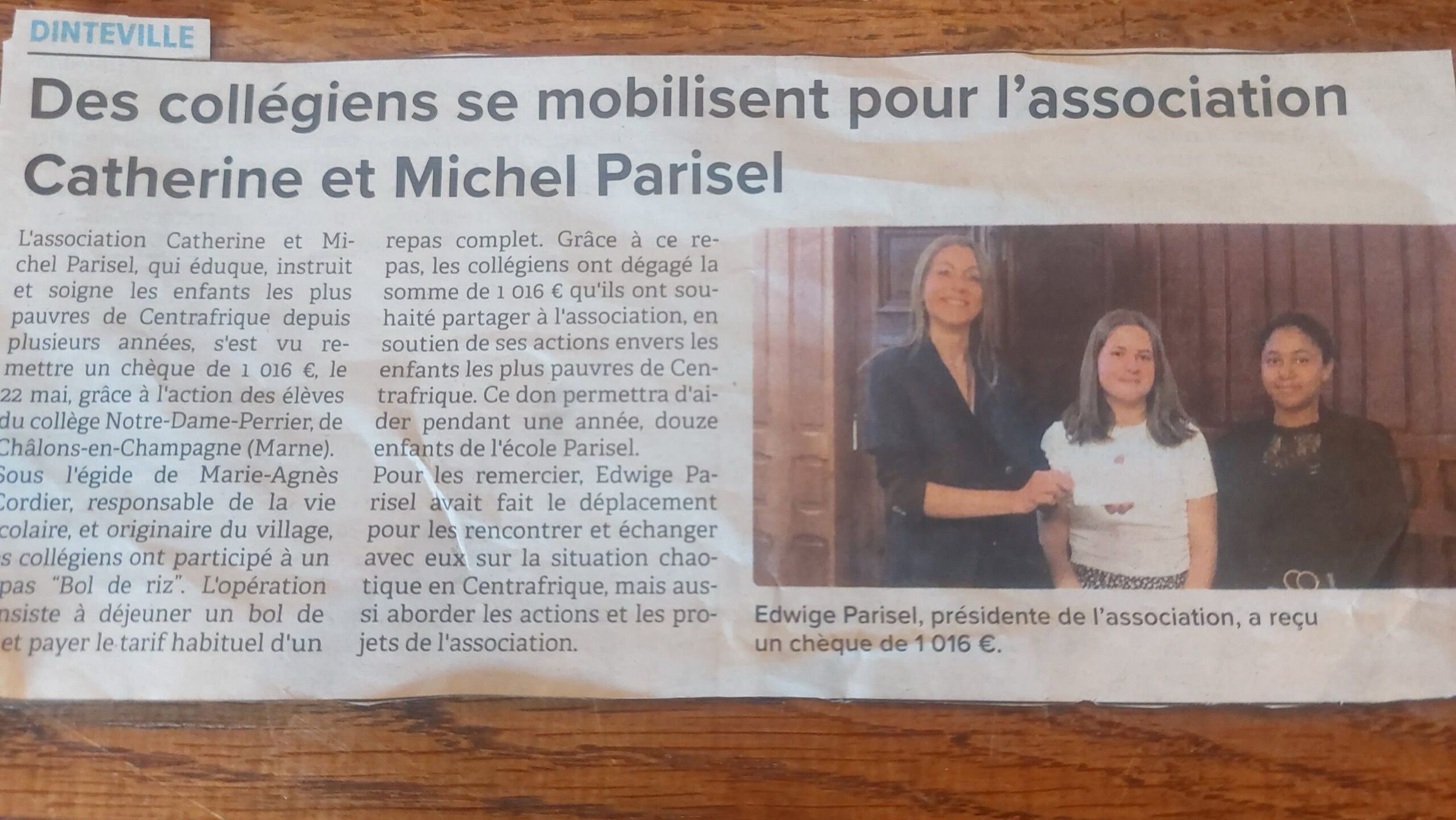 Article du Journal de la Haute-Marne : « Des collégiens se mobilisent pour l’association Catherine et Michel Parisel ».