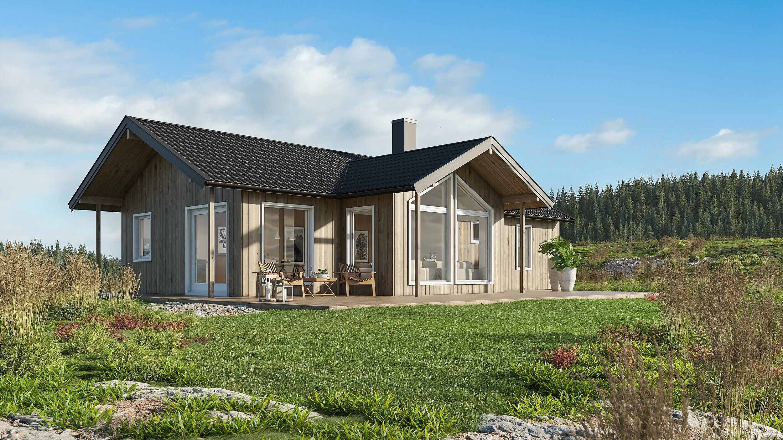 Praktisk hytte med gode solforhold og sjøutsikt på Helldal Hyttefelt