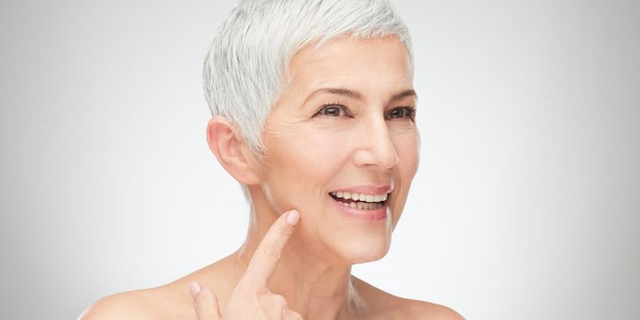 older woman with short greyhair touching her face with her finger while smiling