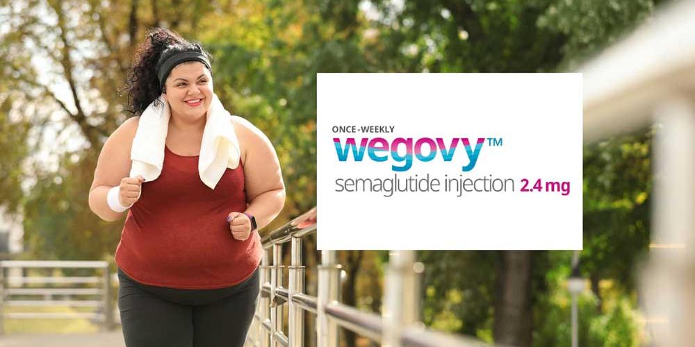 woman running on bridge with wegovy weightloss drug logo