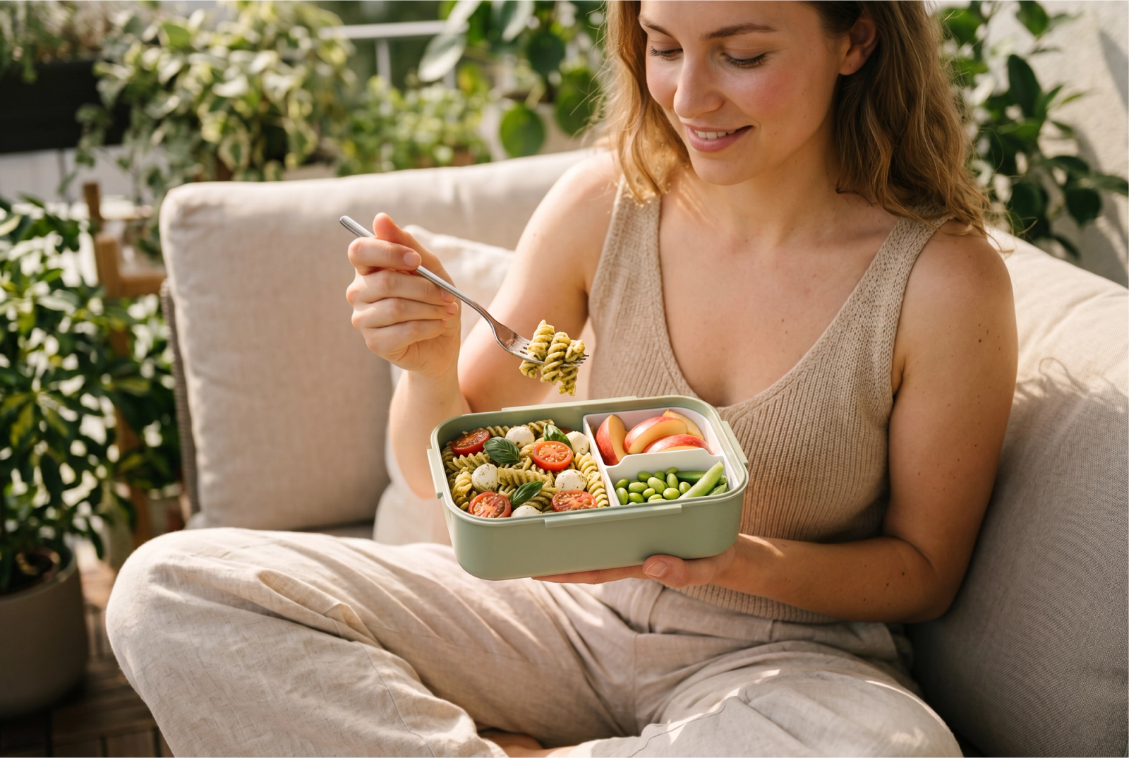 Woman eating pasta salad from a green SIGG lunch box on a sofa surrounded by plants