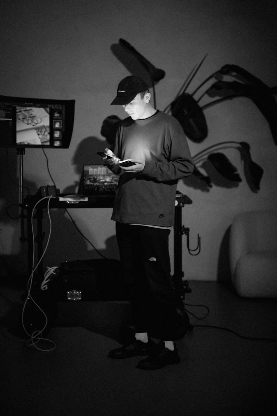 Reviewing footage on set