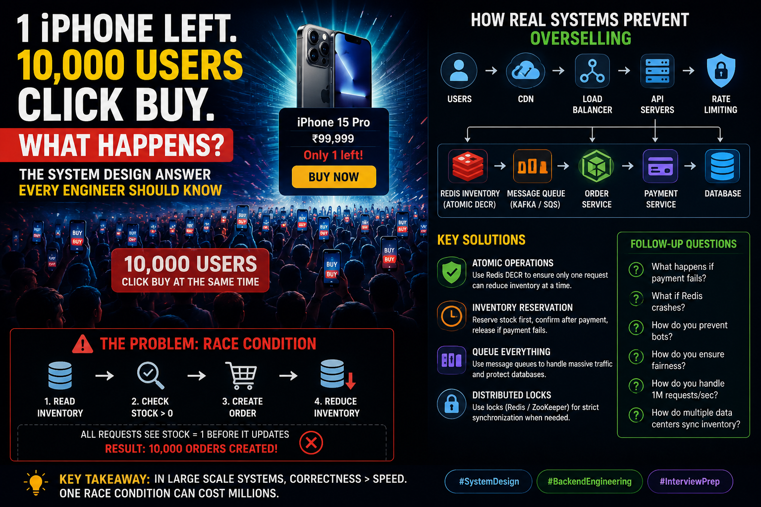 1 iPhone Left. 10,000 Users Click Buy. What Happens? The System Design Answer Every Engineer Should Know
