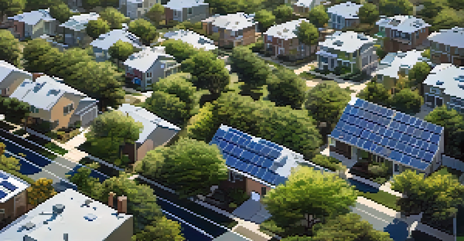 Aerial view of a shaded neighborhood with trees, reflective rooftops, and solar panels under a clear blue sky.