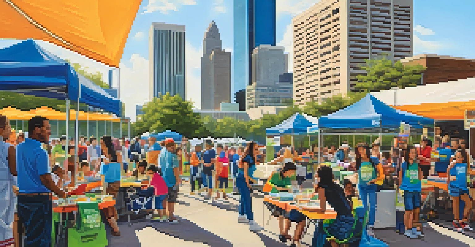 Families and children participating in a community learning event outdoors in Houston, with educational booths and the city skyline in the background.