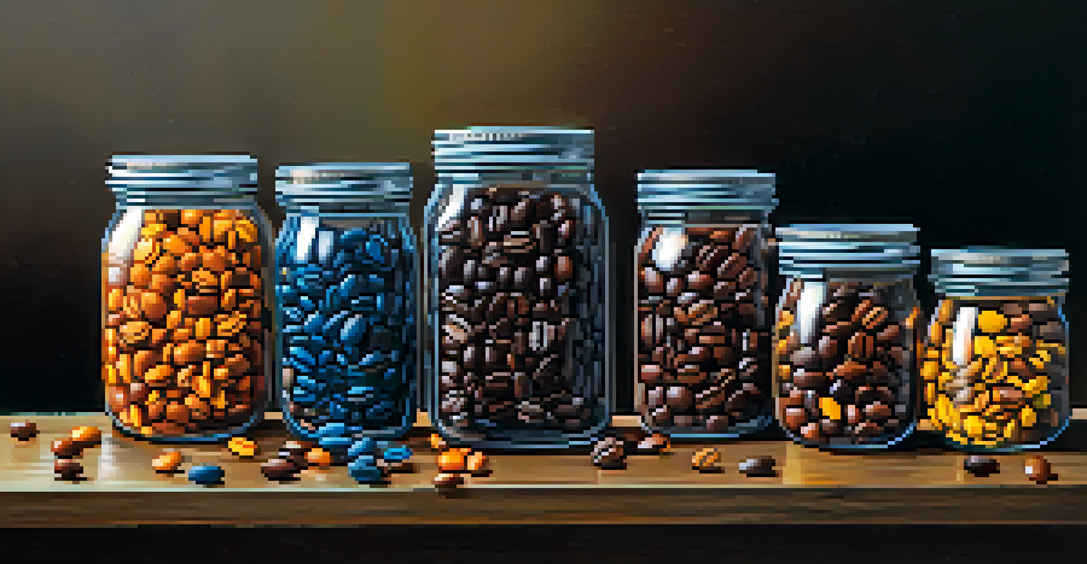 Various single-origin coffee beans in clear jars on a wooden table, highlighting their vibrant colors and textures against a dark background.