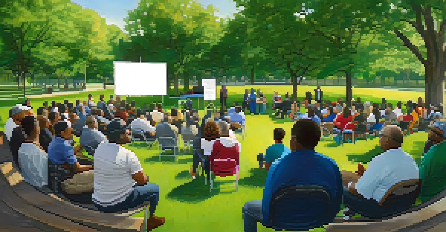 Residents gathered in a park for a community meeting about affordable housing solutions.