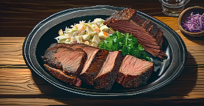 A plate of Texas barbecue brisket with sides of coleslaw and potato salad on a wooden table.