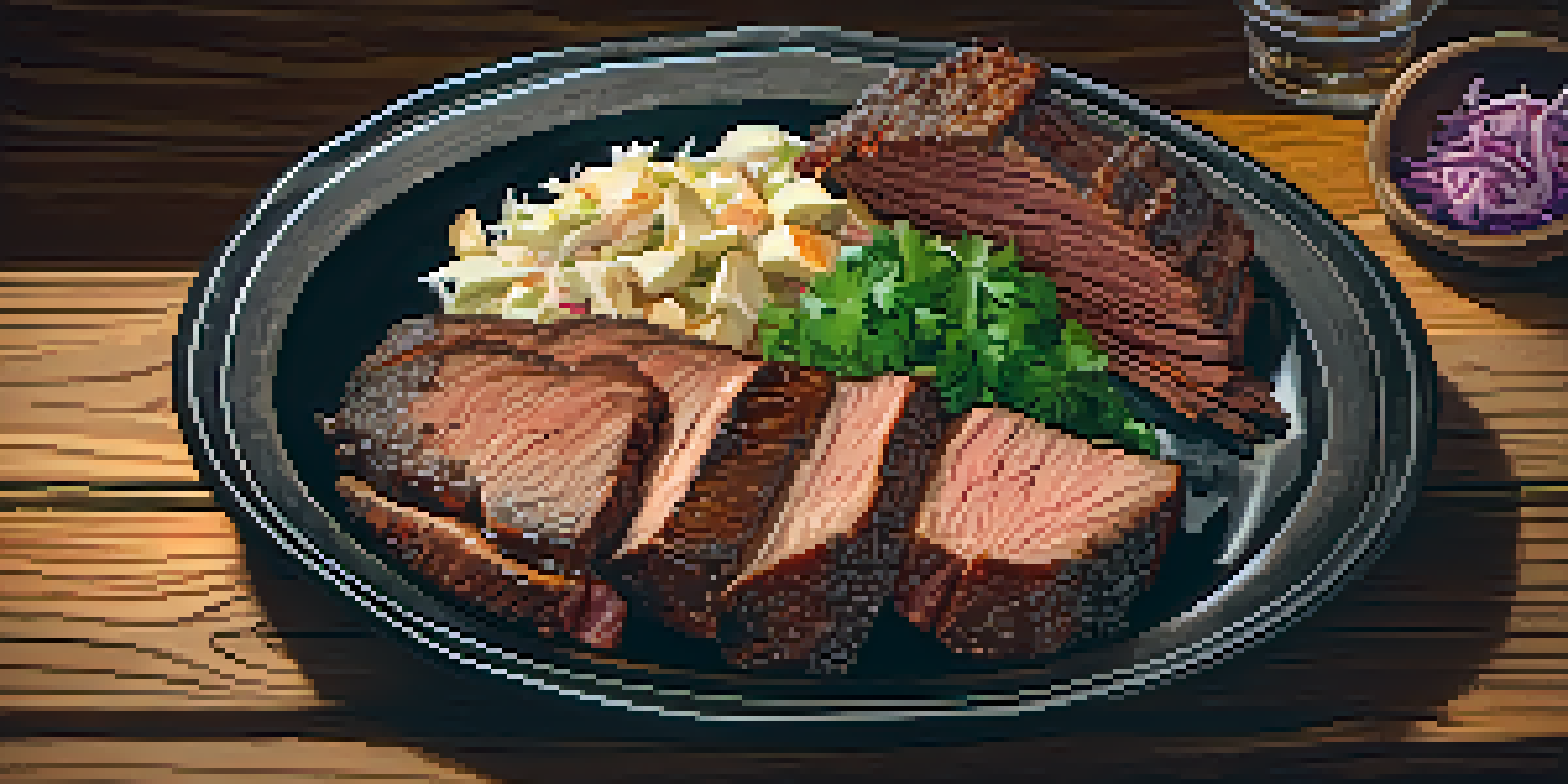 A plate of Texas barbecue brisket with sides of coleslaw and potato salad on a wooden table.