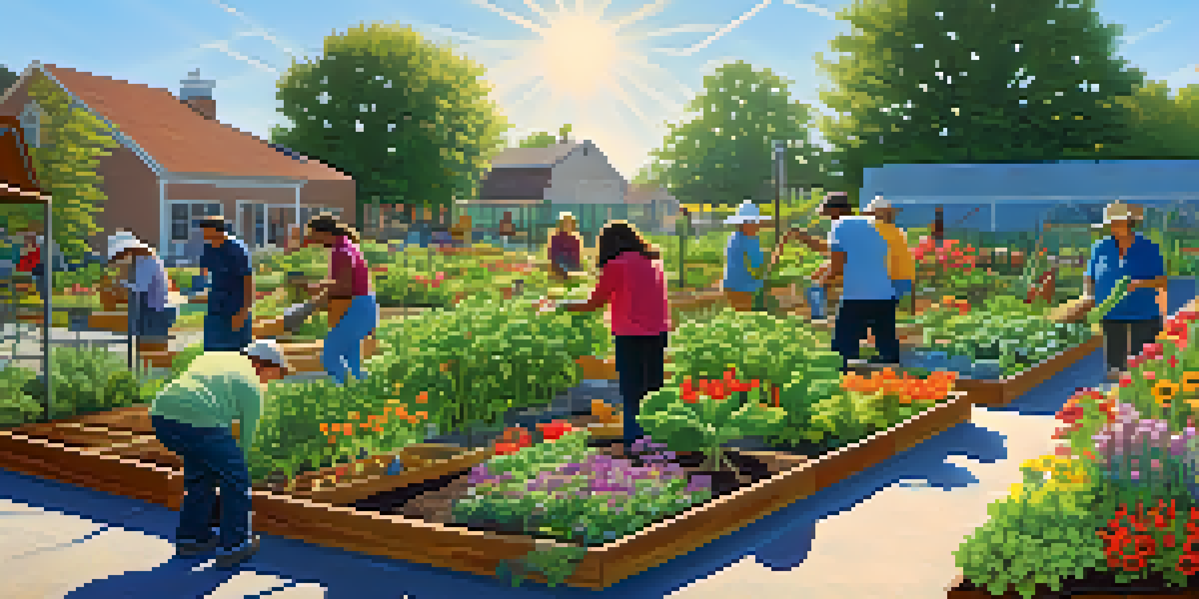 A diverse group of residents tending to a community garden, planting flowers and vegetables under bright sunlight.