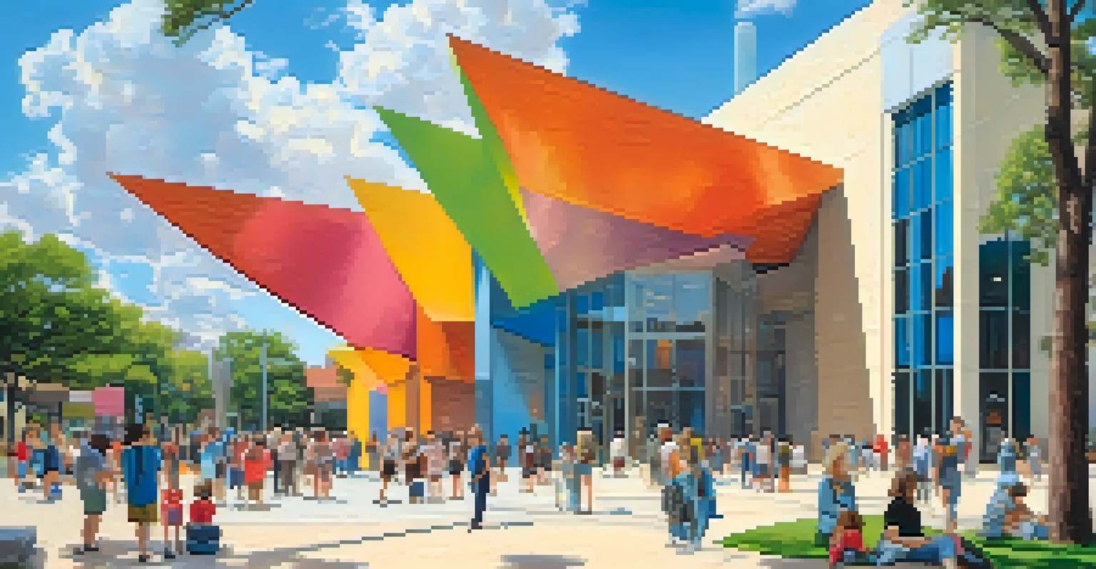 Visitors enjoying the outdoor sculptures at the Museum of Fine Arts in the Houston Museum District under a clear blue sky.