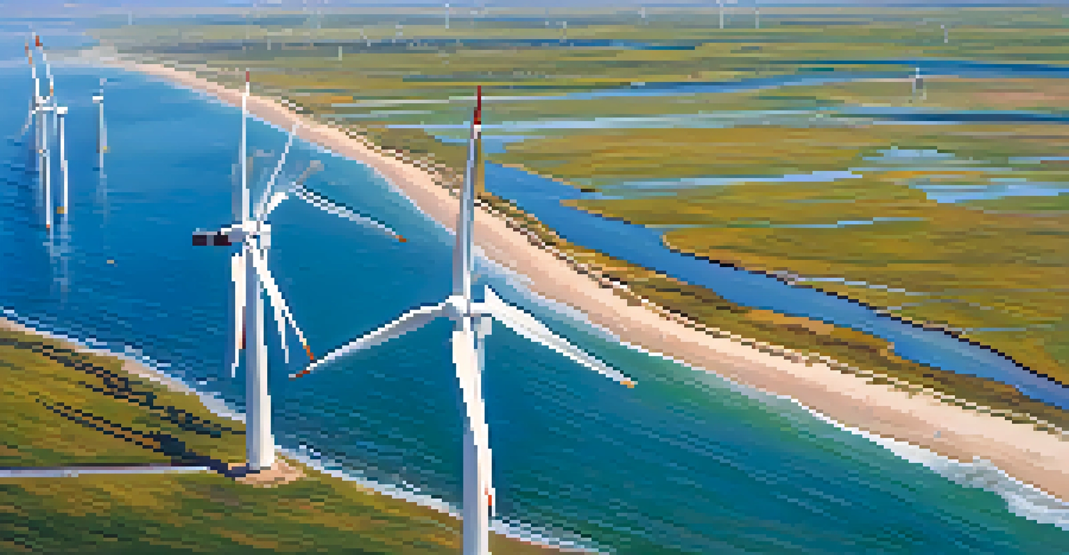 Aerial view of a wind farm near the Gulf of Mexico with wind turbines and a clear blue sky, showcasing renewable energy.