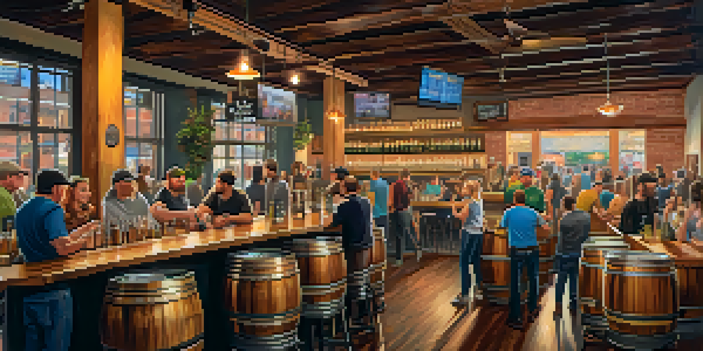 Inside a lively brewery in Houston, brewers are crafting beer with barrels and brewing equipment visible, while patrons enjoy drinks at communal tables under warm lighting.
