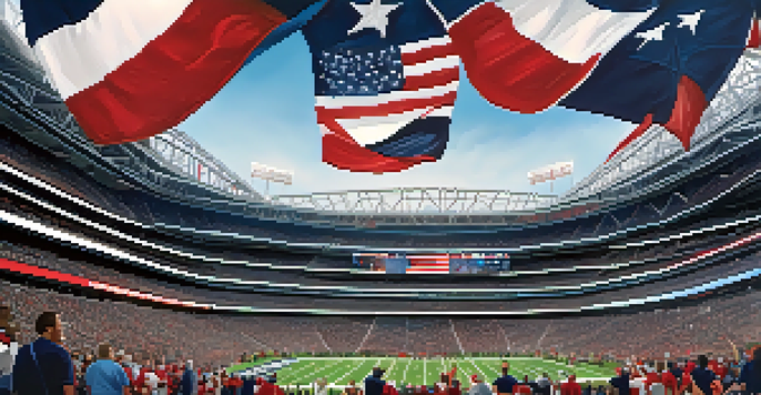 A lively football game at NRG Stadium with fans in team colors cheering excitedly.