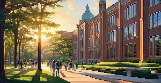 A lively campus scene at Rice University, featuring students outdoors with green trees and modern buildings under a golden sunset.