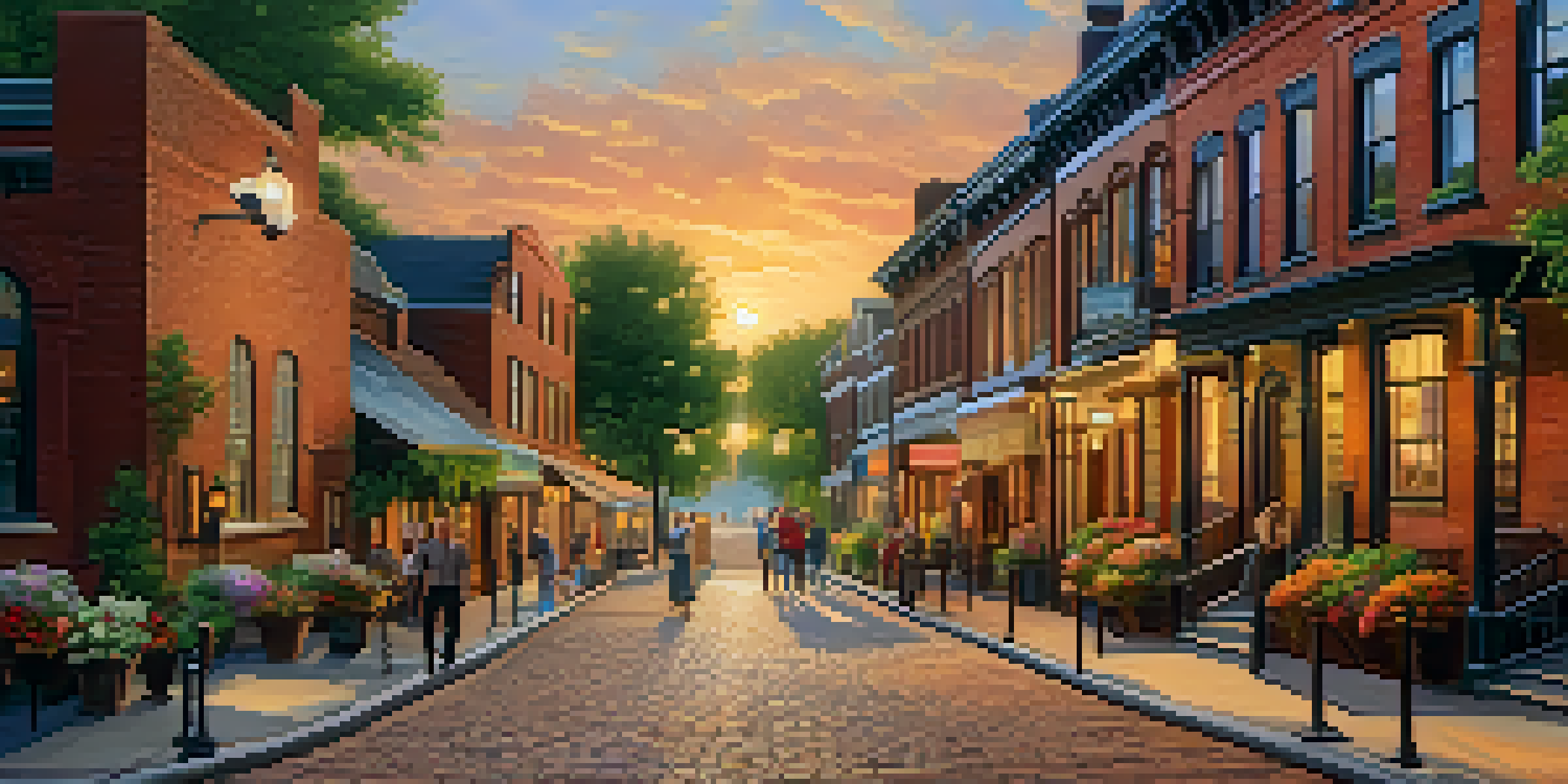 A historic district with brick buildings and flower boxes at sunset, showing people walking and enjoying the area.