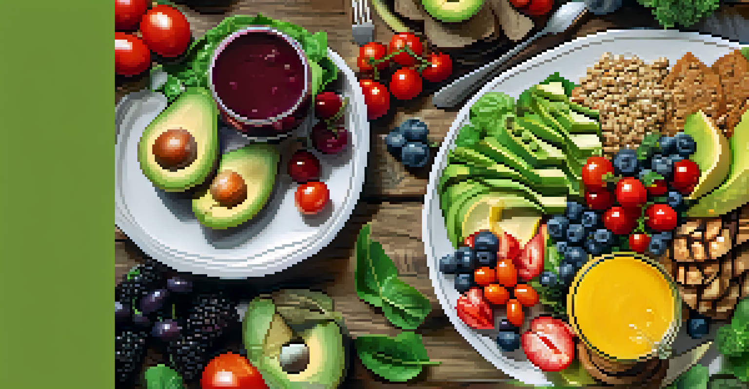 A detailed close-up of a colorful vegan platter featuring salads, fruits, and smoothies, arranged on a rustic wooden table.