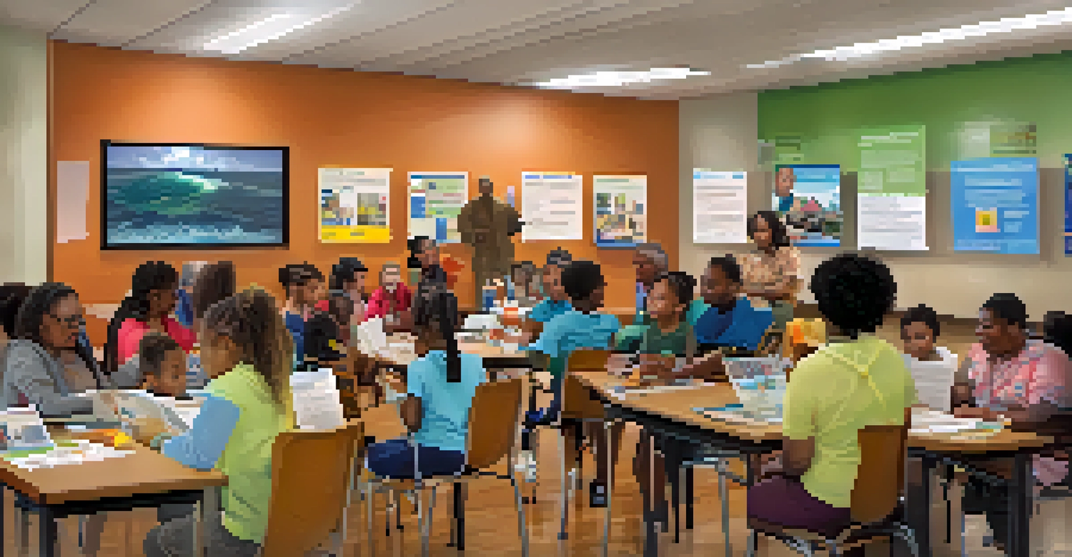 Residents participating in an educational workshop about hurricane preparedness in a community center.