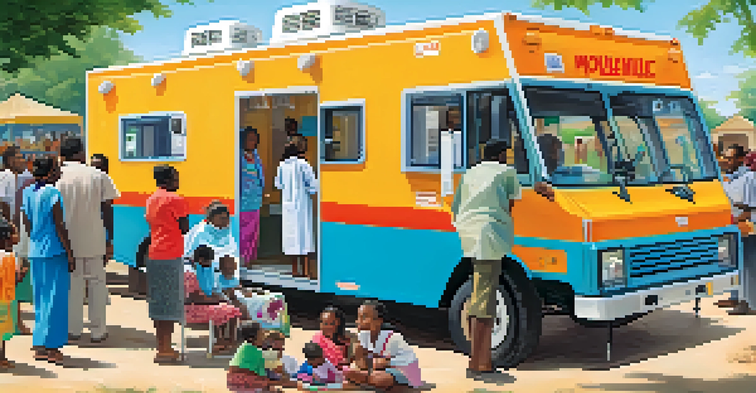 A colorful mobile clinic in a community area where families are receiving vaccinations and health education from healthcare professionals.