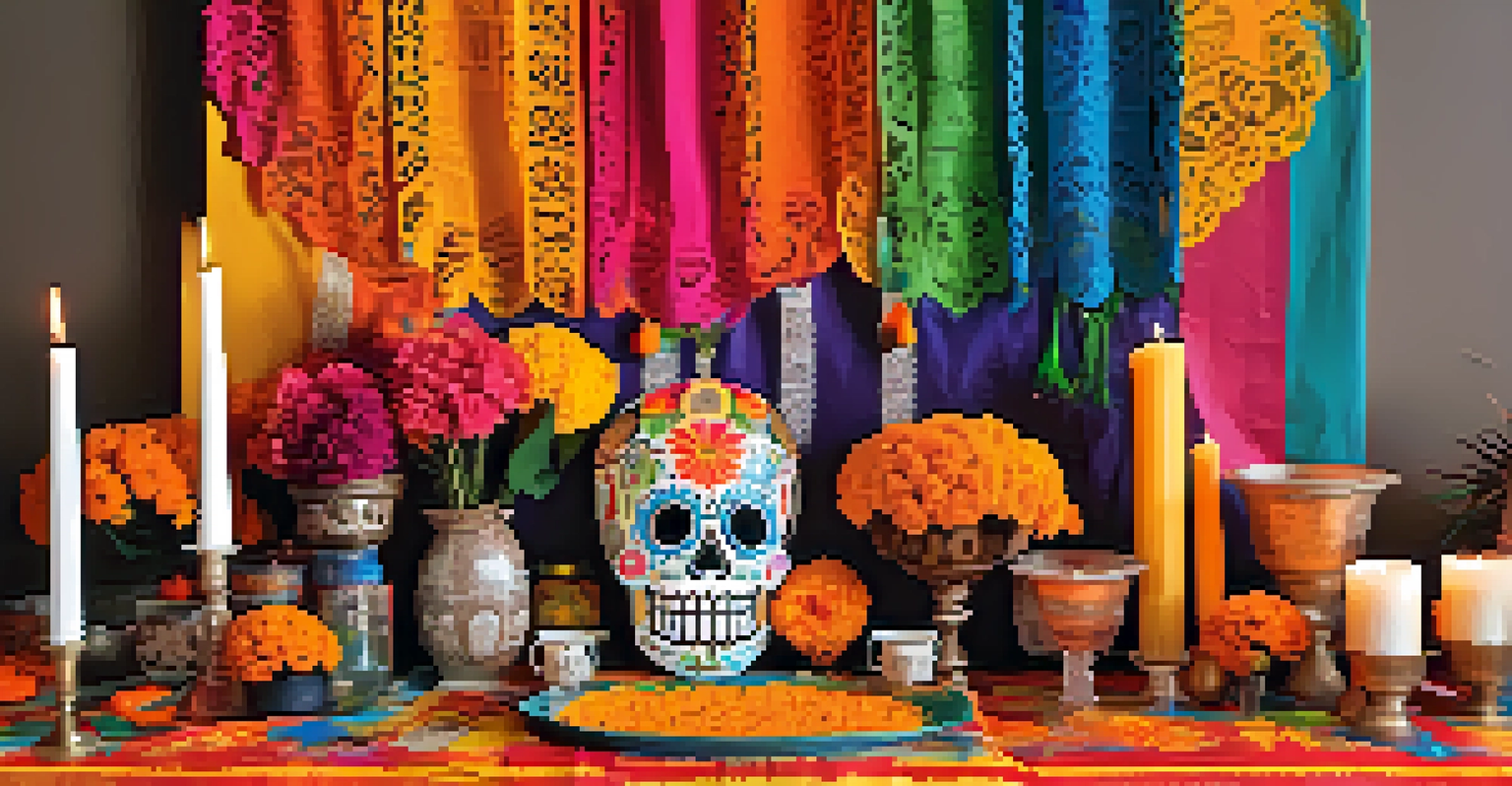 A vibrant Dia de los Muertos altar with colorful decorations, photographs, and candles in a warm setting.