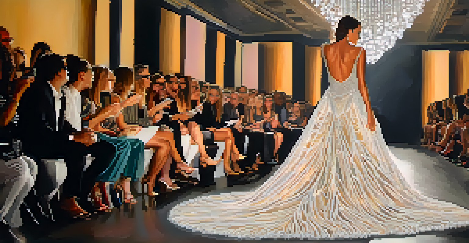 A model walking down the runway in a stunning gown at Houston Fashion Week, with an engaged audience and camera flashes in the background.