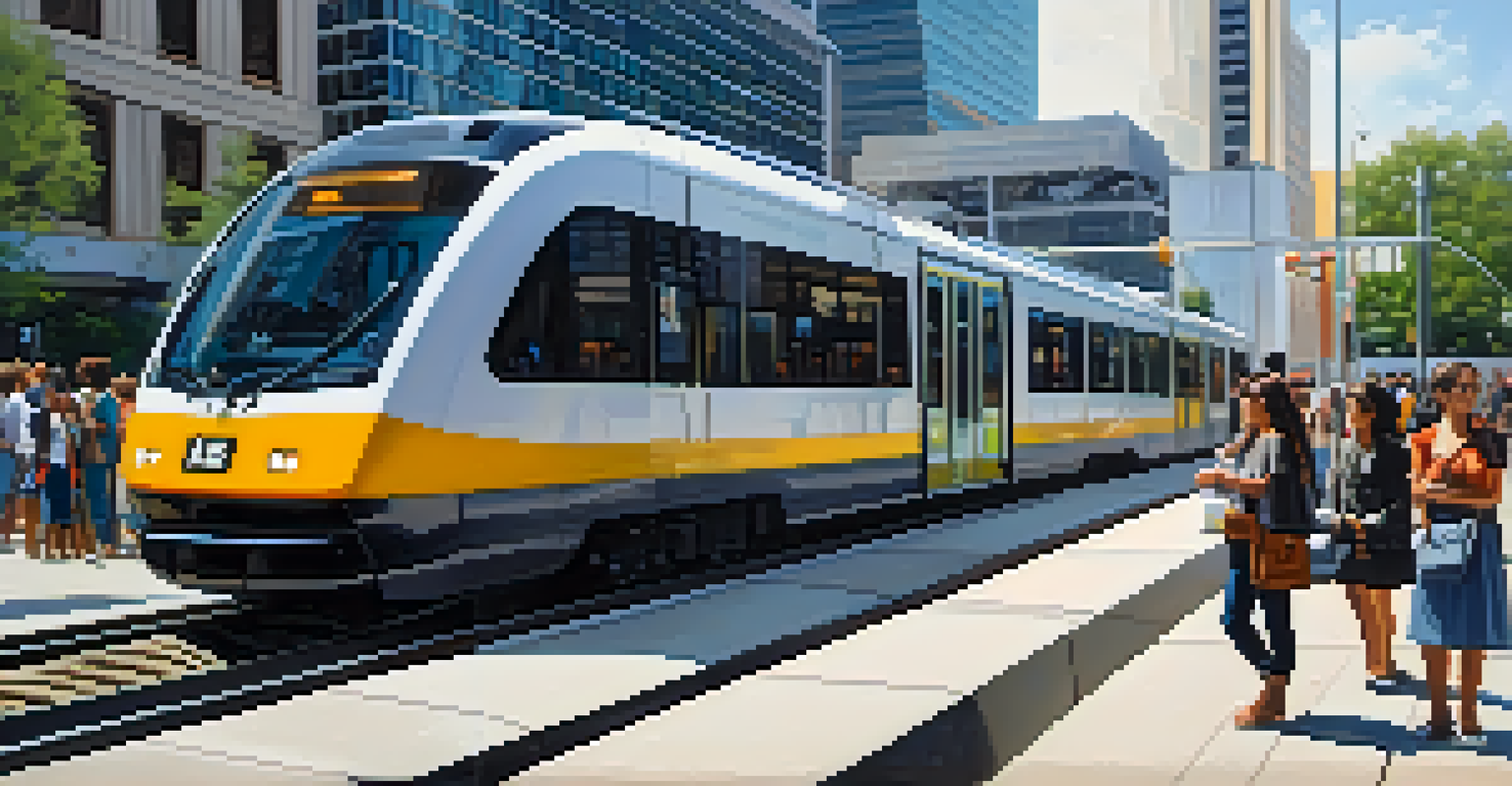A modern light rail station in Houston with sleek trains and diverse commuters surrounded by contemporary buildings and greenery.