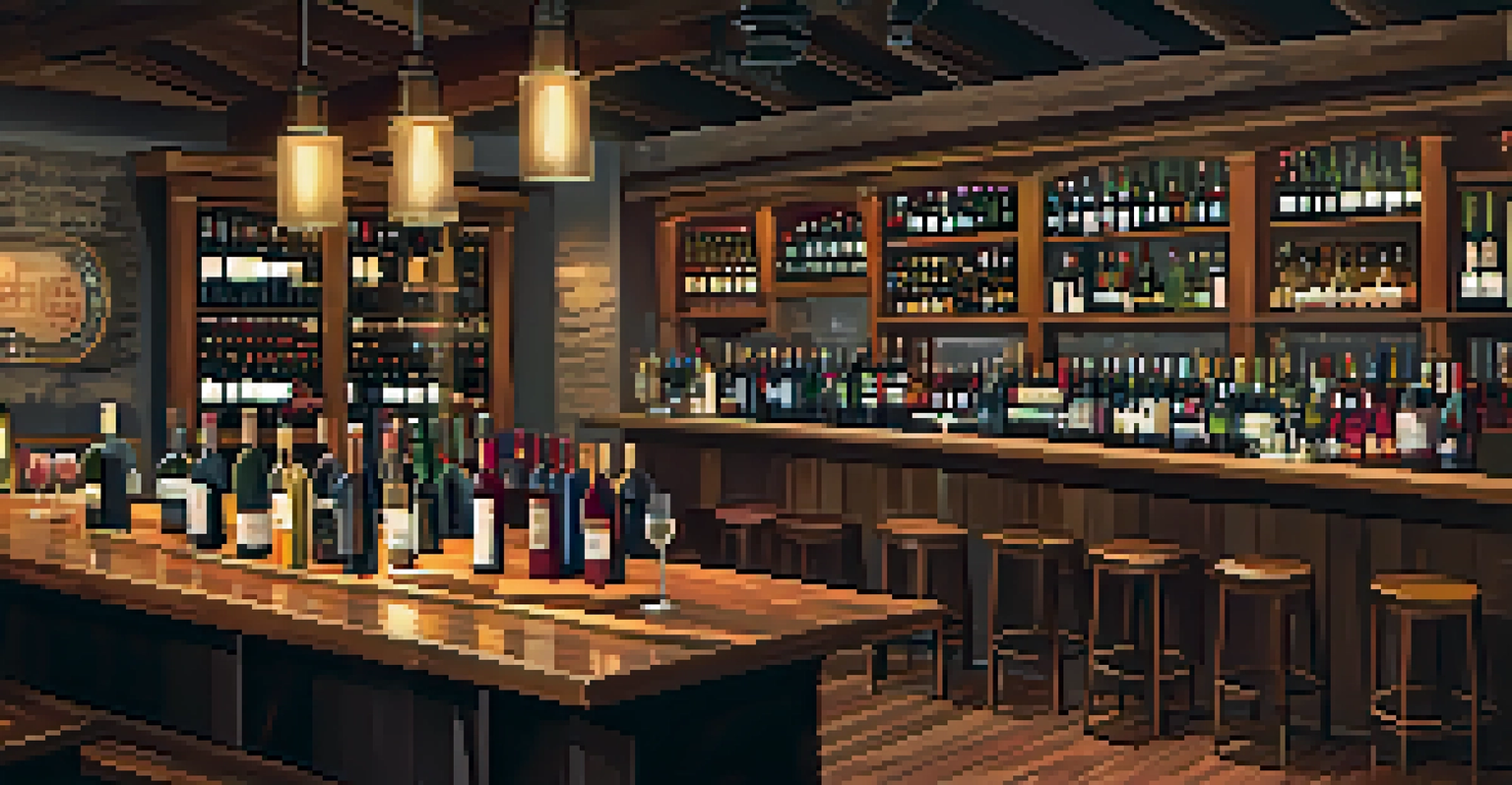 A lively wine bar with patrons enjoying wine tastings and a charcuterie board on a wooden table, surrounded by shelves of wine bottles.