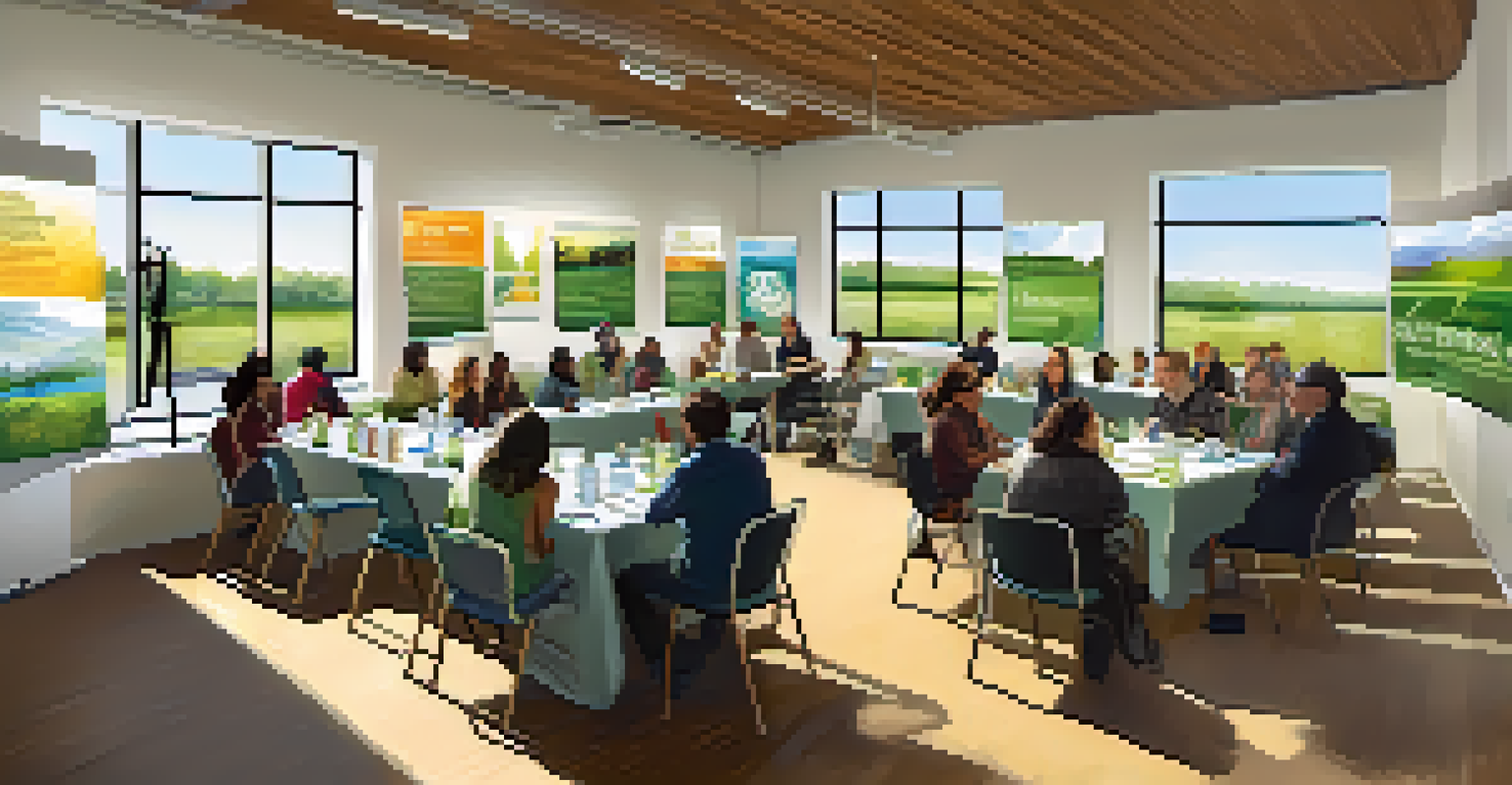 A community forum with diverse participants discussing sustainable energy practices in a bright, open space.