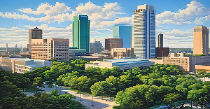 A wide view of the Texas Medical Center in Houston featuring modern buildings and green spaces under a clear blue sky.