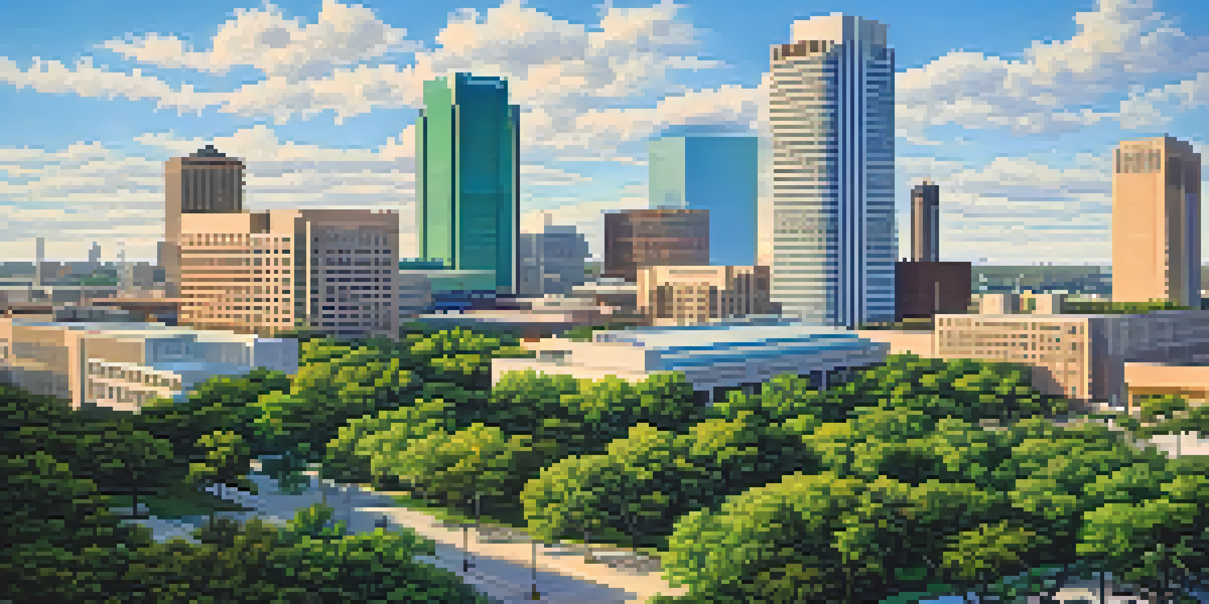 A wide view of the Texas Medical Center in Houston featuring modern buildings and green spaces under a clear blue sky.
