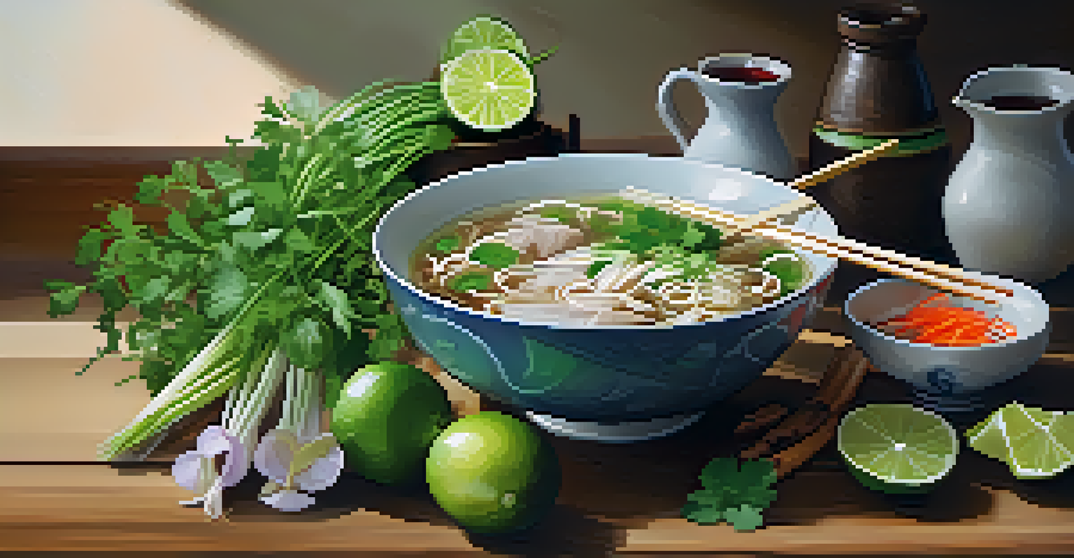 A close-up of a beautifully arranged plate of Vietnamese pho with fresh herbs and vegetables on a rustic wooden table.