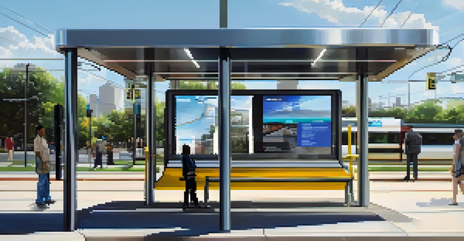 A contemporary bus stop in Houston with people waiting and a light rail train in the background.