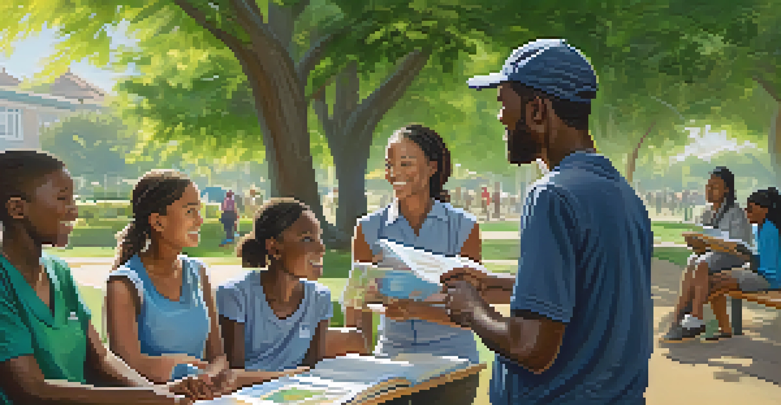 A community health worker in a park, interacting with local residents and providing health education materials in a sunny, green environment.