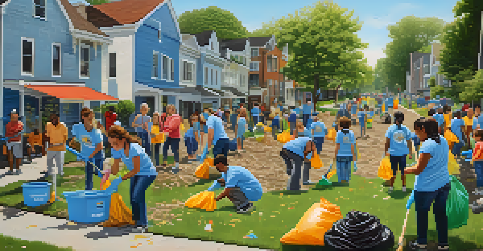 Volunteers of various ages working together to clean a neighborhood park, with colorful trash bags and tools, all under a clear blue sky.