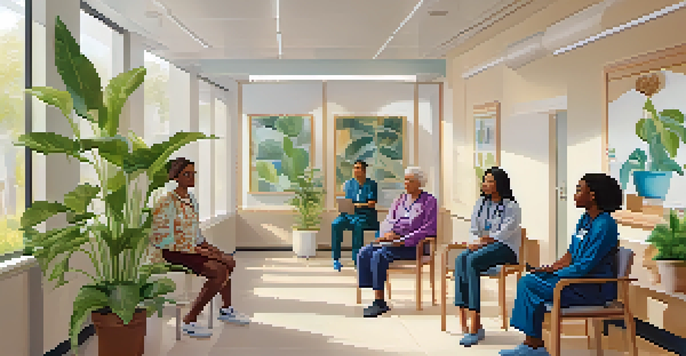 A diverse group of patients and healthcare providers engaged in a collaborative discussion in a bright clinic, emphasizing warmth and inclusivity.
