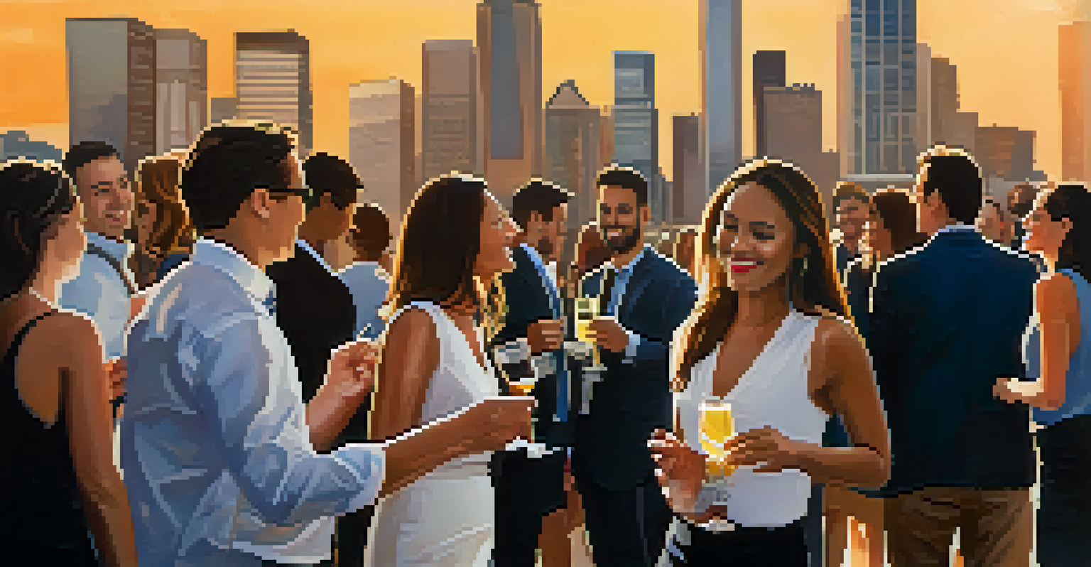 Young professionals networking at an outdoor event in Houston, with skyscrapers in the background and a warm sunset glow, creating an inviting and energetic environment.